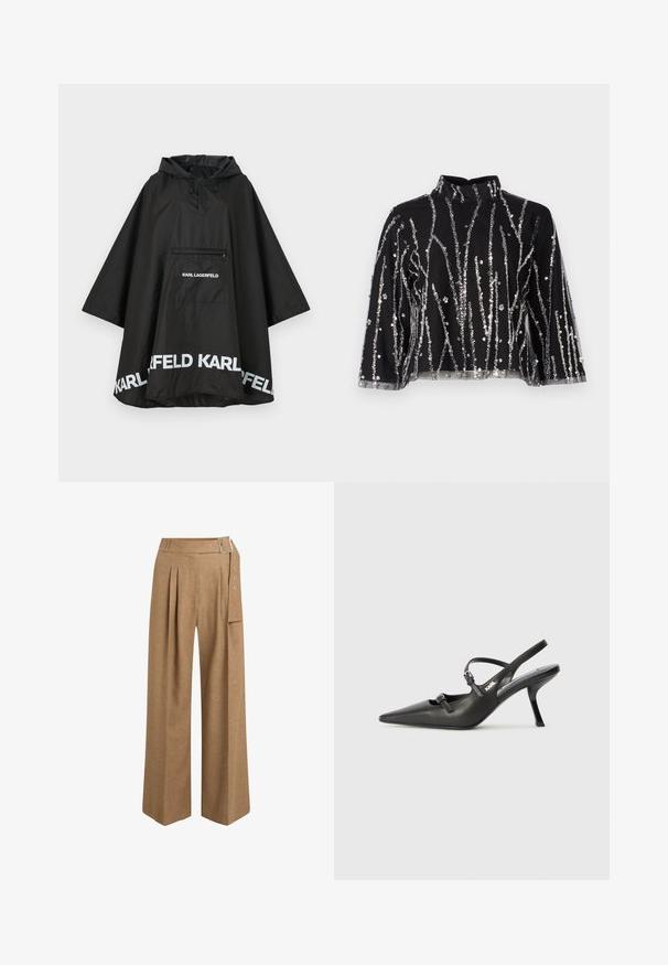Black waterproof poncho with a hood, featuring a front pocket and white logo detailing along the hem. Smooth, lightweight material.; Black cropped top with high neck, featuring silver sequined vertical lines, sheer sleeves, and textured fabric.; Brown, wide-leg trousers made of textured fabric. Features a pleated front, belt loops, and a side pocket with silver hardware accents.; Black leather slingback heels with a pointed toe, slender heel, and decorative buckle detail on the vamp. Smooth texture and sleek design.