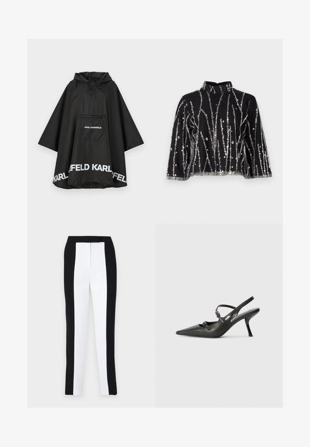 Zwarte waterdichte poncho met capuchon, voorzien van een voorzak en witte logodetails langs de zoom. Gladde, lichte stof.; Zwart cropped top met hoge hals, voorzien van zilveren pailletten in verticale lijnen, doorschijnende mouwen en gestructureerde stof.; Zwart-witte tapered broek met een slanke pasvorm en contrasterende panelen. De stof heeft een gladde textuur; de tailleband is plat en aansluitend.; Zwarte leren slingback hakken met een spitse neus, slanke hak en decoratieve gespdetails op de bovenkant. Gladde textuur en een strakke uitstraling.