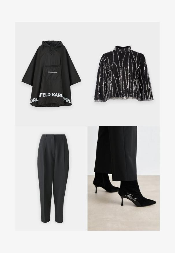 Black waterproof poncho with a hood, featuring a front pocket and white logo detailing along the hem. Smooth, lightweight material.; Black cropped top with high neck, featuring silver sequined vertical lines, sheer sleeves, and textured fabric.; Black tailored pants with a high waist, pleats, and tapered leg. Smooth fabric with no visible patterns or embellishments.; Black suede ankle boots with pointed toes, slim heels, and silver "Kowl" detailing on the side. Smooth texture and fitted design.