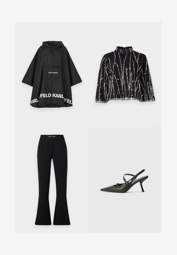 Svart vattentät poncho med huva, som har en framficka och vit logotypdetalj längs nederkanten. Slätt, lätt material.; Svart kort topp med hög hals, prydd med silverfärgade paljetter i vertikala linjer, genomskinliga ärmar och texturerad väv.; Svarta utsvängda byxor i stretchtyg med resårmidja och "JOOP! JEANS"-logga. Mjuk textur med figurnära silhuett.; Svarta läderklackar med slingback, spetsig tå, smal klack och dekorativ spänndetalj på ovansidan. Slät struktur och stilren design.