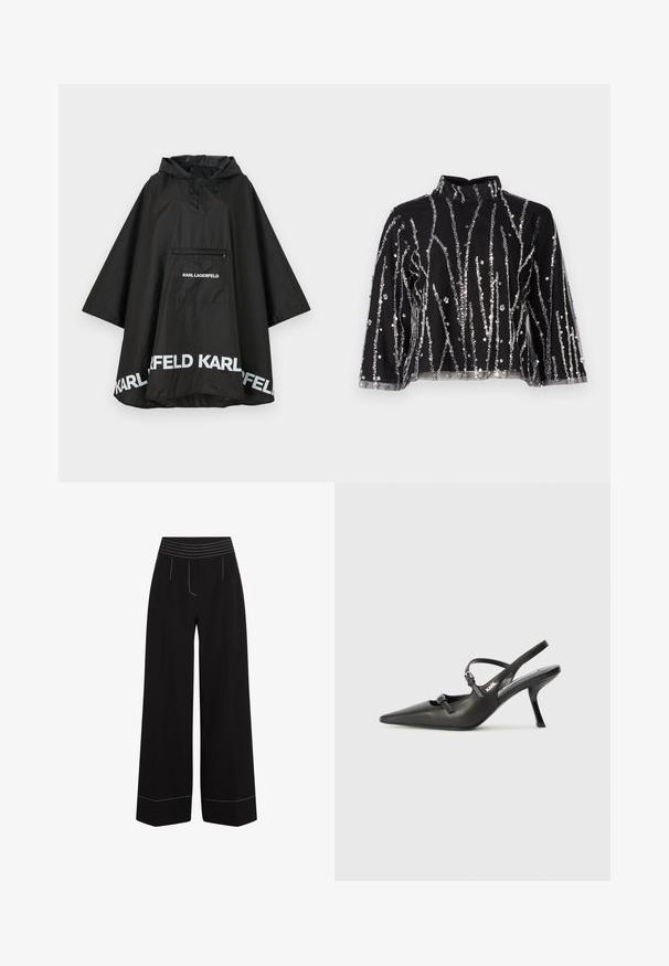 Črn vodoodporen pončo s kapuco, ki ima sprednji žep in bele logotipske detajle ob robu. Gladek, lahek material.; Črn skrajšan top z visokim ovratnikom, ki ima srebrne sequins vertikalne črte, prosojne rokave in teksturirano blago.; Črne široke hlače z teksturiranim, elastičnim pasom. Vsebujejo belo šivanje ob žepih in robovih. Gladka tkanina.; Črne usnjene sandale na peto s koničastim nosom, vitko peto in okrasno zaponko na sprednjem delu. Gladka tekstura in eleganten dizajn.