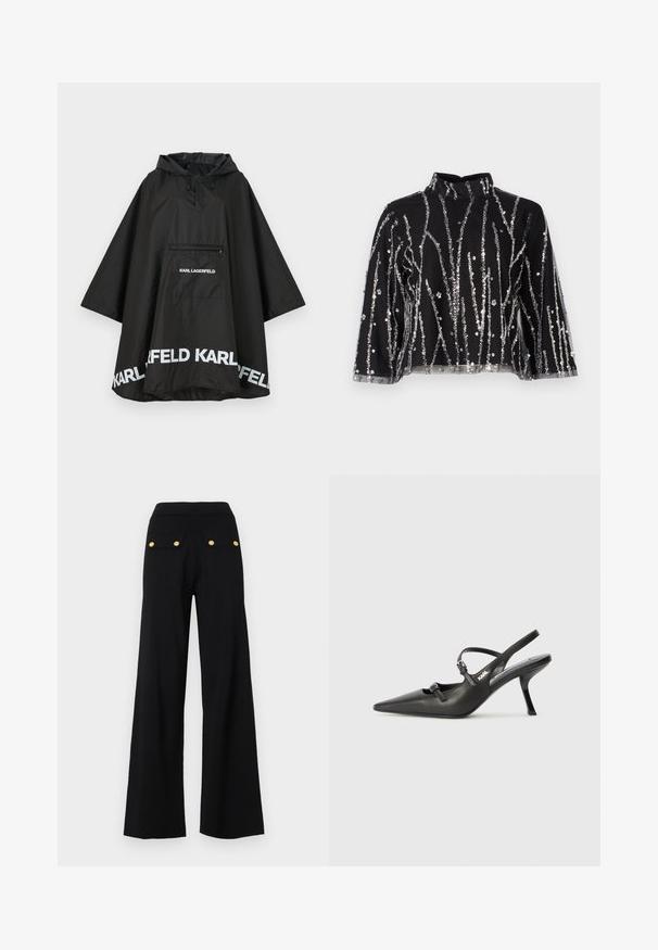 Svart vattentät poncho med huva, som har en framficka och vit logotypdetalj längs nederkanten. Slätt, lätt material.; Svart kort topp med hög hals, prydd med silverfärgade paljetter i vertikala linjer, genomskinliga ärmar och texturerad väv.; Svarta vida byxor med elastisk midja, två bakfickor med guldfärgade knappar och en slät textur.; Svarta läderklackar med slingback, spetsig tå, smal klack och dekorativ spänndetalj på ovansidan. Slät struktur och stilren design.