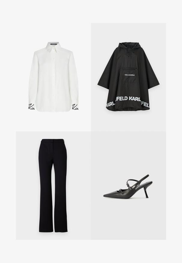 Črn vodoodporen pončo s kapuco, ki ima sprednji žep in bele logotipske detajle ob robu. Gladek, lahek material.; Bela dolg rokav s srajco z gumbom navzdol, ki ima sproščen kroj in črn izvezen dodatek na manšetah. Gladka tekstura.; Črne hlače s ravnim krojem, gladko teksturo in pasom z enojnim gumbom. Brez vidnih vzorcev ali akcentov.; Črne usnjene sandale na peto s koničastim nosom, vitko peto in okrasno zaponko na sprednjem delu. Gladka tekstura in eleganten dizajn.