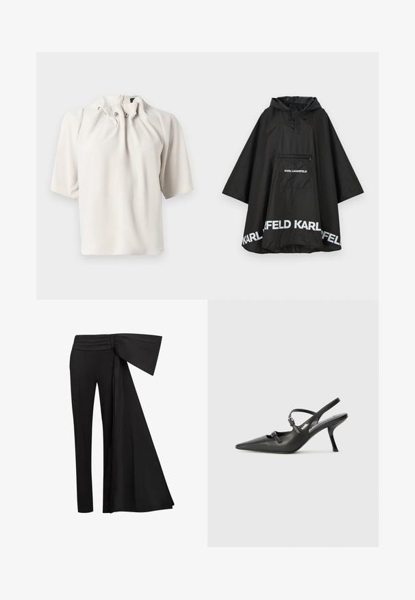 Czarny wodoodporny poncho z kapturem, z kieszenią z przodu i białymi detalami logo wzdłuż krawędzi. Gładki, lekki materiał.; Bluzka z krótkim rękawem w jasnym beżowym kolorze z marszczonym dekoltem, ozdobiona guzikami i krytym zamkiem błyskawicznym z tyłu. Gładka struktura materiału.; Czarne spodnie z szerokim, drapowanym paskiem w talii. Gładki materiał, prosty krój nogawki i plisowany pasek w talii.; Czarne skórzane sandały na obcasie typu slingback z wydłużonym noskiem, smukłym obcasem i ozdobnym zapięciem na cholewce. Gładka tekstura i elegancka forma.