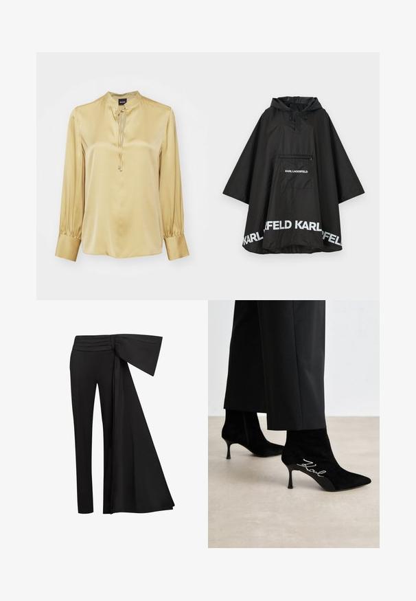 Czarny wodoodporny poncho z kapturem, z kieszenią z przodu i białymi detalami logo wzdłuż krawędzi. Gładki, lekki materiał.; Satynowa bluzka z długim rękawem w jasnym odcieniu złota, z wysokim kołnierzem, plisowanymi mankietami oraz dekoracyjnym wiązaniem przy dekolcie. Gładka tekstura.; Czarne spodnie z szerokim, drapowanym paskiem w talii. Gładki materiał, prosty krój nogawki i plisowany pasek w talii.; Czarne zamszowe botki do kostki z wydłużonymi noskami, smukłymi obcasami i srebrnym detalem "Kowl" po boku. Gładka faktura i dopasowany krój.