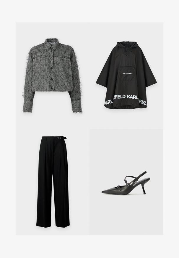 Črn vodoodporen pončo s kapuco, ki ima sprednji žep in bele logotipske detajle ob robu. Gladek, lahek material.; Kratka jakna s črno-sivim ribjim kostmi, z gumbom spredaj, dolgimi rokavi in klasičnim ovratnikom, ki ima teksturiran puhast zaključek.; Črne široke hlače z visokim pasom, gubami spredaj in pasom z zaponko. Narejene so iz gladkega, lahkega materiala.; Črne usnjene sandale na peto s koničastim nosom, vitko peto in okrasno zaponko na sprednjem delu. Gladka tekstura in eleganten dizajn.