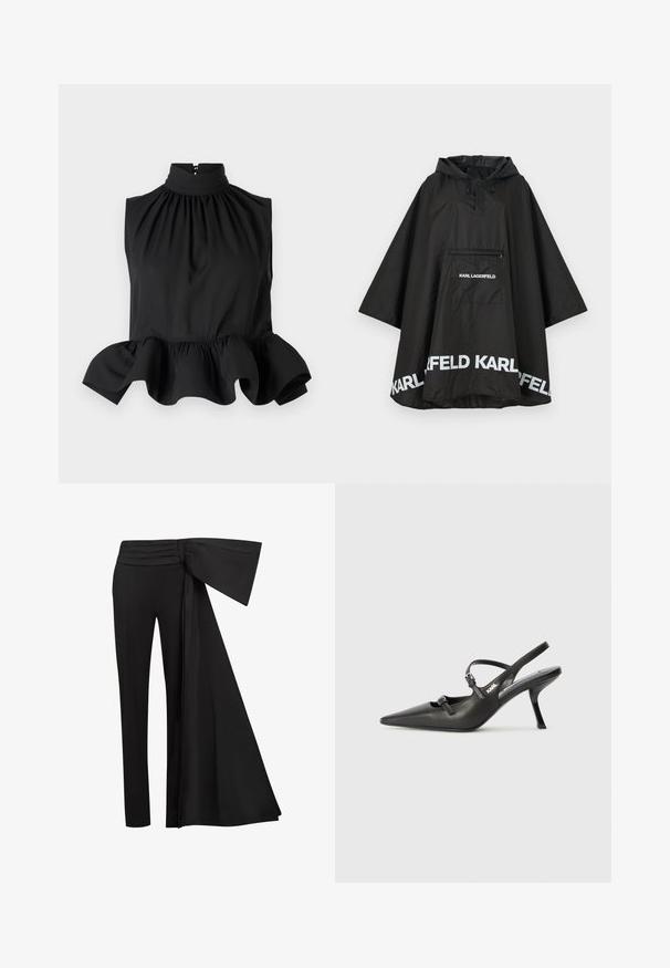 Poncho nero impermeabile con cappuccio, dotato di una tasca frontale e dettagli in logo bianco lungo l'orlo. Materiale liscio e leggero.; Top nero senza maniche con collo alto, tessuto arricciato e orlo a volant svasato. Texture liscia con una zip nascosta sul retro.; Pantaloni neri con un ampio dettaglio a fascia drappeggiata in vita. Tessuto liscio, taglio dritto e cintura plissettata.; Scarpe slingback nere in pelle con punta affilata, tacco sottile e dettaglio decorativo a fibbia sulla tomaia. Texture liscia e design elegante.