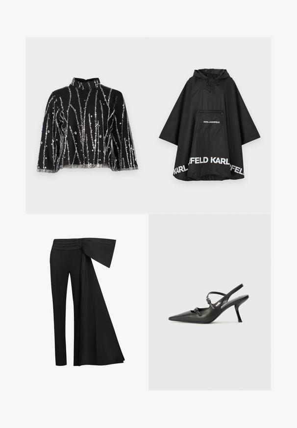 Black waterproof poncho with a hood, featuring a front pocket and white logo detailing along the hem. Smooth, lightweight material.; Black cropped top with high neck, featuring silver sequined vertical lines, sheer sleeves, and textured fabric.; Black trousers with a wide, draped sash detail at the waist. Smooth fabric, straight leg cut, and pleated waistband.; Black leather slingback heels with a pointed toe, slender heel, and decorative buckle detail on the vamp. Smooth texture and sleek design.
