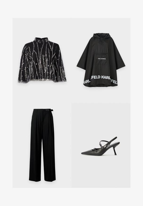 Black waterproof poncho with a hood, featuring a front pocket and white logo detailing along the hem. Smooth, lightweight material.; Black cropped top with high neck, featuring silver sequined vertical lines, sheer sleeves, and textured fabric.; Black wide-leg trousers with a high waist, pleats at the front, and a belt featuring a buckle. Made from smooth, lightweight fabric.; Black leather slingback heels with a pointed toe, slender heel, and decorative buckle detail on the vamp. Smooth texture and sleek design.