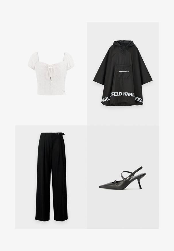 Black waterproof poncho with a hood, featuring a front pocket and white logo detailing along the hem. Smooth, lightweight material.; White cotton crop top with puff sleeves, eyelet detailing, and a front tie. Features a fitted bodice and a decorative logo accent.; Black wide-leg trousers with a high waist, pleats at the front, and a belt featuring a buckle. Made from smooth, lightweight fabric.; Black leather slingback heels with a pointed toe, slender heel, and decorative buckle detail on the vamp. Smooth texture and sleek design.