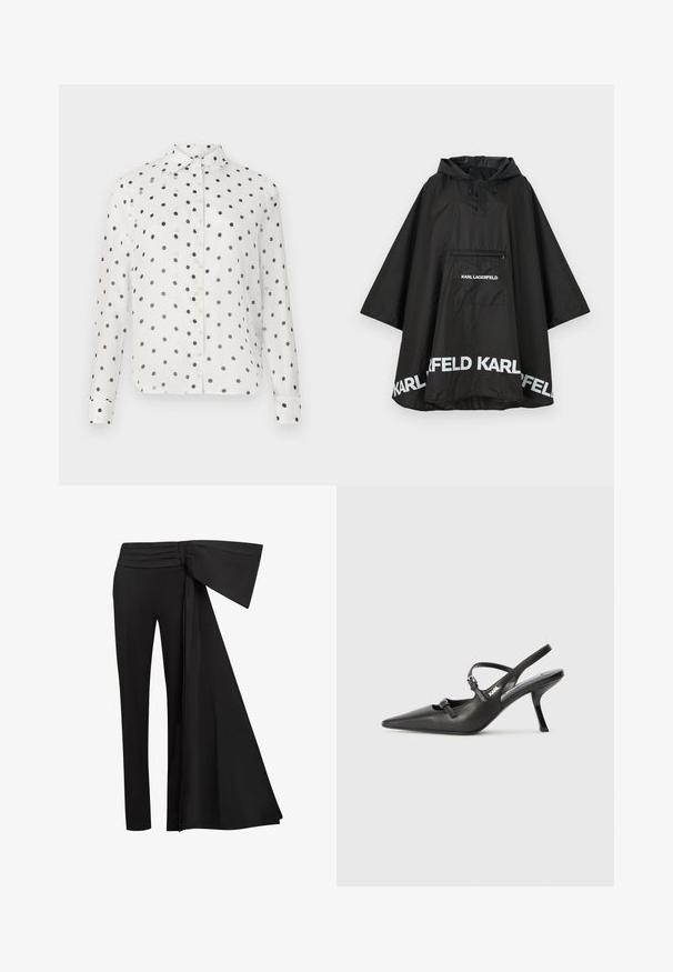 Black waterproof poncho with a hood, featuring a front pocket and white logo detailing along the hem. Smooth, lightweight material.; White button-up shirt with navy polka dots, featuring a classic collar and long sleeves. Made of smooth fabric, with button closures down the front.; Black trousers with a wide, draped sash detail at the waist. Smooth fabric, straight leg cut, and pleated waistband.; Black leather slingback heels with a pointed toe, slender heel, and decorative buckle detail on the vamp. Smooth texture and sleek design.