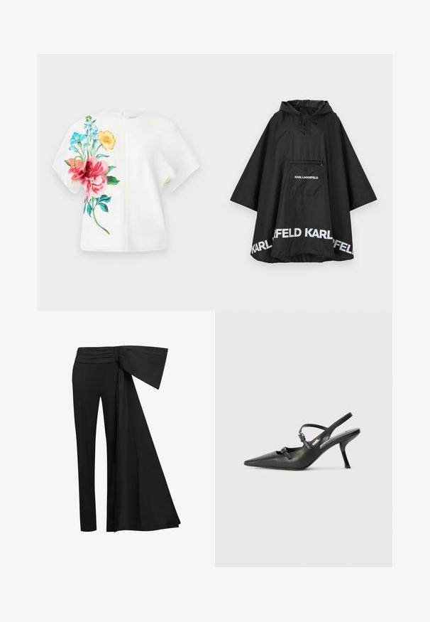 Juodas vandeniui atsparus pončas su kapišonu, turintis priekinę kišenę ir baltus logotipus palei apvadu. Lygus, lengvas audinys.; Baltas trumpomis rankovėmis viršus, puikuojantis ryškiais gėlių raštais rožinės, mėlynos ir oranžinės spalvos kairėje pusėje; glotni medžiaga su laisvu siluetu.; Juodos kelnės su plačiu, drabstymu suknelės elementu juosmens srityje. Lygi medžiaga, tiesus kelnių kirpimas ir raukinėtas juosmuo.; Juodi odiniai slingback kulniukai su smailiu pirštu, siauru kulnu ir dekoratyvine sagtimi viršuje. Lygus paviršius ir elegantiškas dizainas.