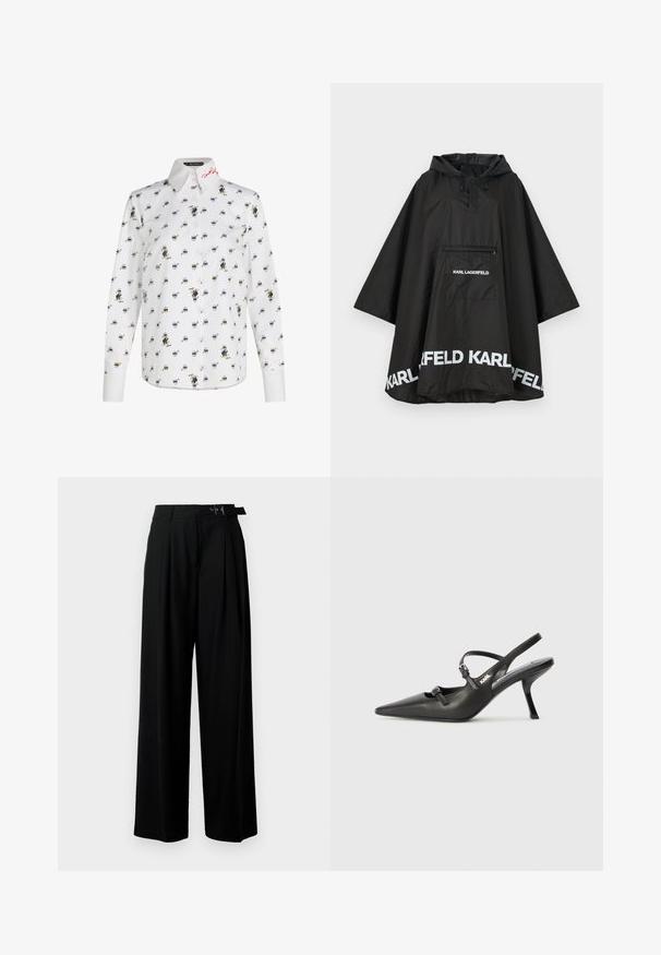 Melnā ūdensizturīgā pončo ar kapuci, ar priekšējo kabatu un baltu logo detalizāciju ap apakšmali. Gluda, viegla materiāla.; Balta garu piedurkņu krekls ar atkārtotu karikatūru varoņu rakstu. Izšūts sarkans logo uz apkakles. Mīksta auduma, pielāgota piegriezuma.; Melni plaši bikses ar augsto jostasvītru, priekšā ar krokojiem un jostu ar sprādzi. Izgatavotas no gludas, vieglas auduma.; Melnas ādas slingback papēži ar norādītu purngalu, izsmalcinātu papēdi un dekoratīvu sprādzi uz priekšpuses. Gluda tekstūra un elegants dizains.