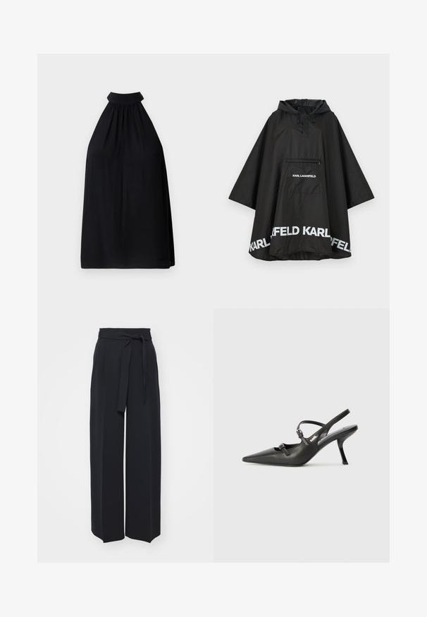Schwarzer wasserdichter Poncho mit Kapuze, ausgestattet mit einer Fronttasche und weißen Logodetails am Saum. Glattes, leichtes Material.; Schwarzes Halfteroberteil aus leichtem Stoff. Besitzt einen hohen Kragen und geraffte Details, die eine lockere und fließende Silhouette erzeugen.; Schwarze weite Hosen aus weichem Stoff. Mit einem Gürteltäfelchen und vorderen Falten. Glatte Textur mit einem klaren, modernen Design.; Schwarzlederne Slingback-Absätze mit spitzer Zehenform, schlankem Absatz und dekorativem Schnallendetail auf dem Blatt. Glatte Textur und elegantes Design.