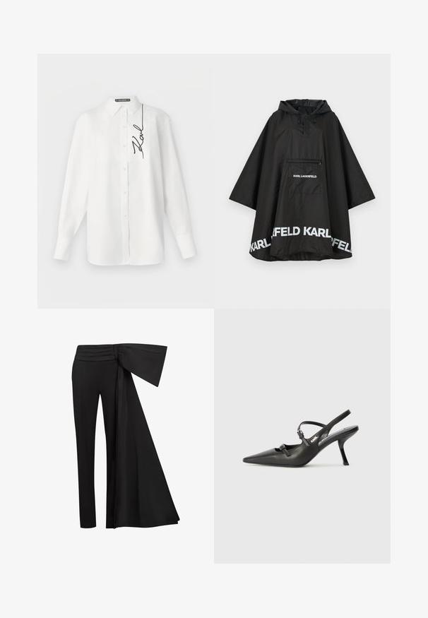 Must mustes ponšo koos kapuutsi ja esikotiga, millel on valge logo detailid äärisel. Sile ja kerge materjal.; Valge pika varrukaga puuvillane särk, millel on ees tasku ja vasakul pool must brodeeritud allkiri. Klassikalise kraega ja nööpidega kinnituv.; Mustad püksid laia, rippuva paela detailiga taljes. Sile kangas, sirge sääre lõige ja volditud talje.; Must musta slingback kontsad, terava nina, peenike konts ja dekoratiivne pandla detail peal. Sile tekstuur ja stiilne disain.