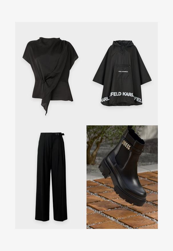 Zwarte waterdichte poncho met capuchon, voorzien van een voorzak en witte logodetails langs de zoom. Gladde, lichte stof.; Zwarte blouse van gladde stof, met een gedrapeerd ontwerp en een geknoopt detail in de taille, en korte mouwen.; Zwarte wijde broek met hoge taille, plooien aan de voorkant en een riem met een gesp. Gemaakt van glad, lichtgewicht stof.; Zwarte leren enkelboot met een chunky rubberen zool, elastische zijpanelen en een gouden accent met "GUESS" branding.