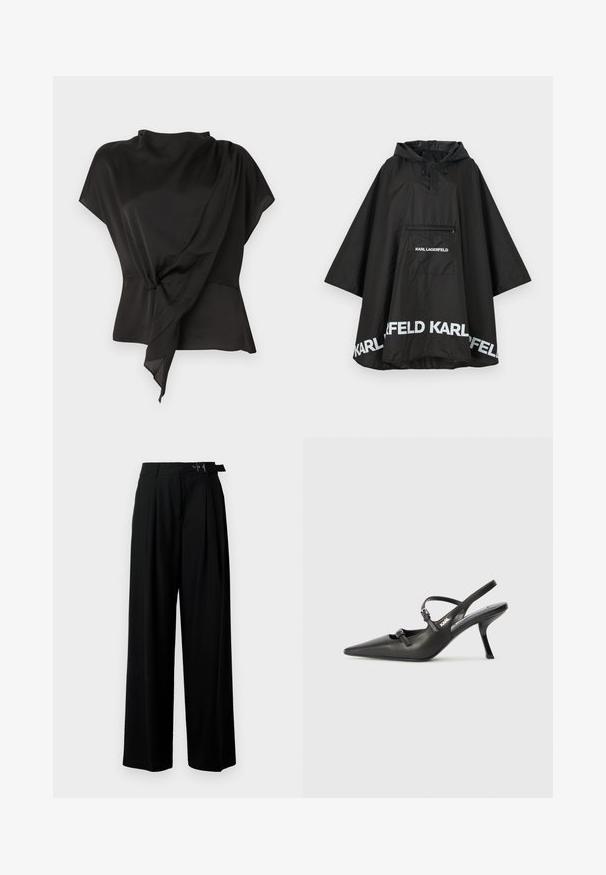 Fekete vízálló poncsó kapucnival, elülső zsebbel és fehér logó részletekkel az alján. Simább, könnyű anyag.; Fekete blúz sima anyagból, drapírozott kialakítással, csomós részlet a deréknál és rövid ujjakkal.; Fekete, bő szárú nadrág magas derékkal, elöl pliszírozva, és csattal ellátott övvel. Simább, könnyű anyagból készült.; Fekete bőrszíjjal ellátott magassarkú cipő, hegyes orral, karcsú sarkával és díszes csattal a vamp részén. Simás textúra és elegáns dizájn.