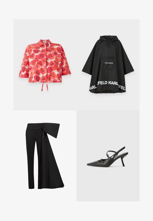 Poncho noir imperméable avec capuche, doté d'une poche avant et d'un logo blanc le long de l'ourlet. Matériau lisse et léger.; Chemise courte à manches courtes avec un motif floral de coquelicots rouges sur fond blanc, un col et un détail de lien à l'avant pour la fermeture.; Pantalons noirs avec un large détail de ceinture drapée à la taille. Tissu lisse, coupe droite et taille plissée.; Talons slingback en cuir noir avec un bout pointu, un talon fin et un détail de boucle décorative sur le vamp. Texture lisse et design épuré.