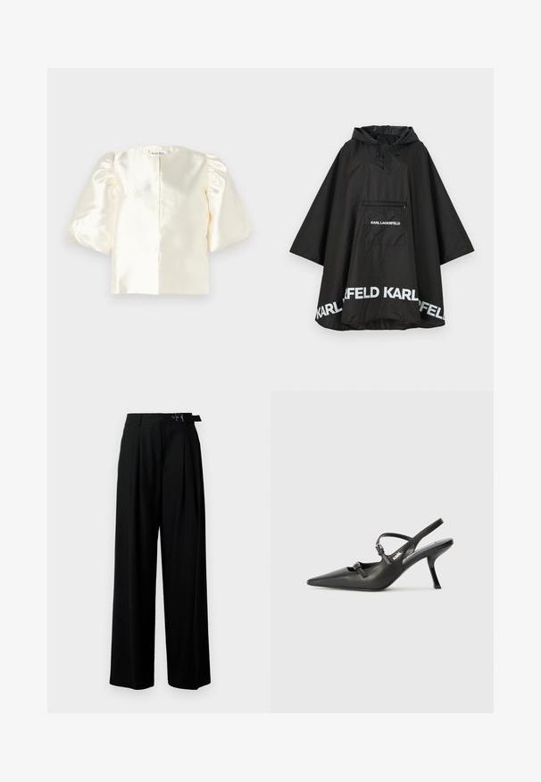 Sort vandtæt poncho med hætte, der har en frontlomme og hvidt logo-detalje langs kanten. Glat, letvægtsmateriale.; Elfenbensfarvet satinbluse med puffede ærmer, der har en rund halsudskæring og en lige ryglukning. Glat tekstur med et minimalistisk design.; Sort vide-bein bukser med høj talje, læg foran og et bælte med spænde. Fremstillet af glat, let materiale.; Sorte læder slingback hæle med spids tå, slank hæl og dekorativ spænde detalje på vampen. Glat tekstur og strømlinet design.