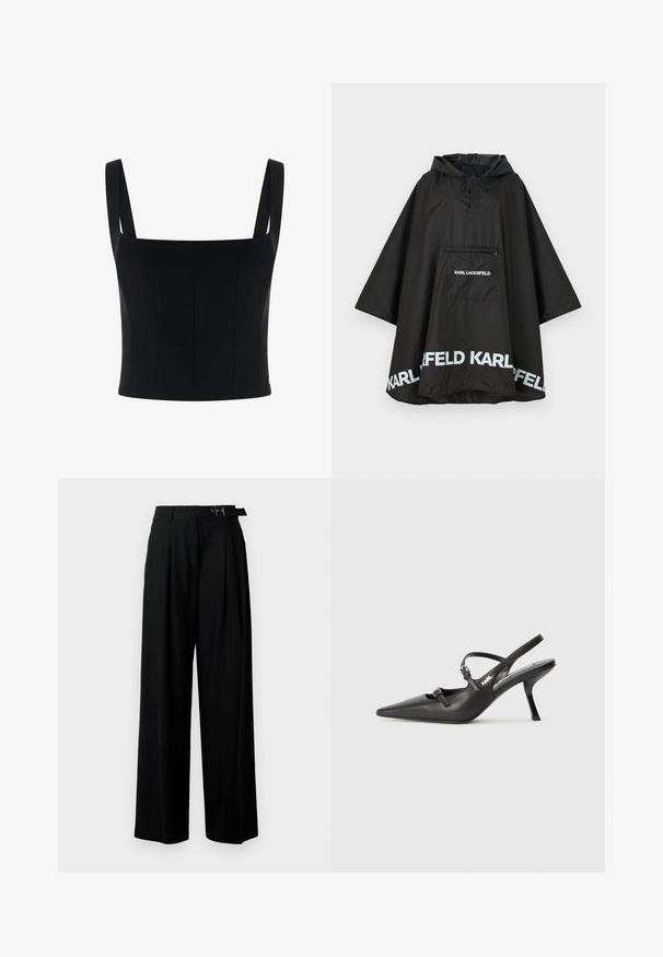 Schwarzer wasserdichter Poncho mit Kapuze, ausgestattet mit einer Fronttasche und weißen Logodetails am Saum. Glattes, leichtes Material.; Schwarzes, kurzes Oberteil mit breiten Schulterträgern, zeichnet sich durch ein strukturiertes Design und vertikale Nähte für zusätzliche Form und Detail aus. Sanfte Textur.; Schwarze weit geschnittene Hosen mit hoher Taille, Falten an der Vorderseite und einem Gürtel mit Schnalle. Hergestellt aus glattem, leichtem Stoff.; Schwarzlederne Slingback-Absätze mit spitzer Zehenform, schlankem Absatz und dekorativem Schnallendetail auf dem Blatt. Glatte Textur und elegantes Design.