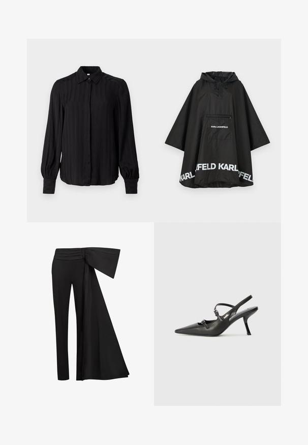 Schwarzer wasserdichter Poncho mit Kapuze, ausgestattet mit einer Fronttasche und weißen Logodetails am Saum. Glattes, leichtes Material.; Schwarzes Langarmshirt aus glattem Stoff mit vertikalen Streifen, Kragen, Knopfleiste und gerafften Manschetten.; Schwarze Hosen mit einem breiten, drapierten Taillendetail. Glattes Material, gerade Beinform und gefalteter Bund.; Schwarzlederne Slingback-Absätze mit spitzer Zehenform, schlankem Absatz und dekorativem Schnallendetail auf dem Blatt. Glatte Textur und elegantes Design.