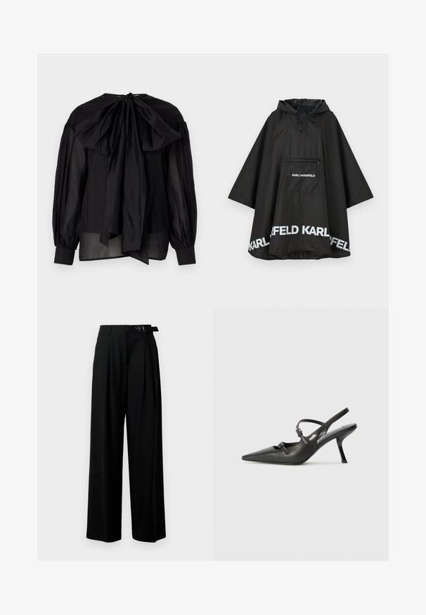 Fekete vízálló poncsó kapucnival, elülső zsebbel és fehér logó részletekkel az alján. Simább, könnyű anyag.; Fekete blúz áttetsző anyagból, puffos ujjakból és egy nagy masniból a hátsó részen. Kerek nyakkivágással és testhezálló mandzsettákkal rendelkezik.; Fekete, bő szárú nadrág magas derékkal, elöl pliszírozva, és csattal ellátott övvel. Simább, könnyű anyagból készült.; Fekete bőrszíjjal ellátott magassarkú cipő, hegyes orral, karcsú sarkával és díszes csattal a vamp részén. Simás textúra és elegáns dizájn.