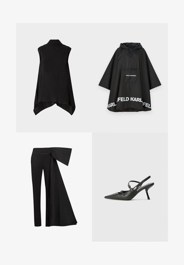 Juodas vandeniui atsparus pončas su kapišonu, turintis priekinę kišenę ir baltus logotipus palei apvadu. Lygus, lengvas audinys.; Juodas be rankovių bluzonis su struktūrizuotu apykakle, plazdančia medžiaga ir asimetriška apatine dalimi. Lygus paviršius su paprastu, elegantišku dizainu.; Juodos kelnės su plačiu, drabstymu suknelės elementu juosmens srityje. Lygi medžiaga, tiesus kelnių kirpimas ir raukinėtas juosmuo.; Juodi odiniai slingback kulniukai su smailiu pirštu, siauru kulnu ir dekoratyvine sagtimi viršuje. Lygus paviršius ir elegantiškas dizainas.