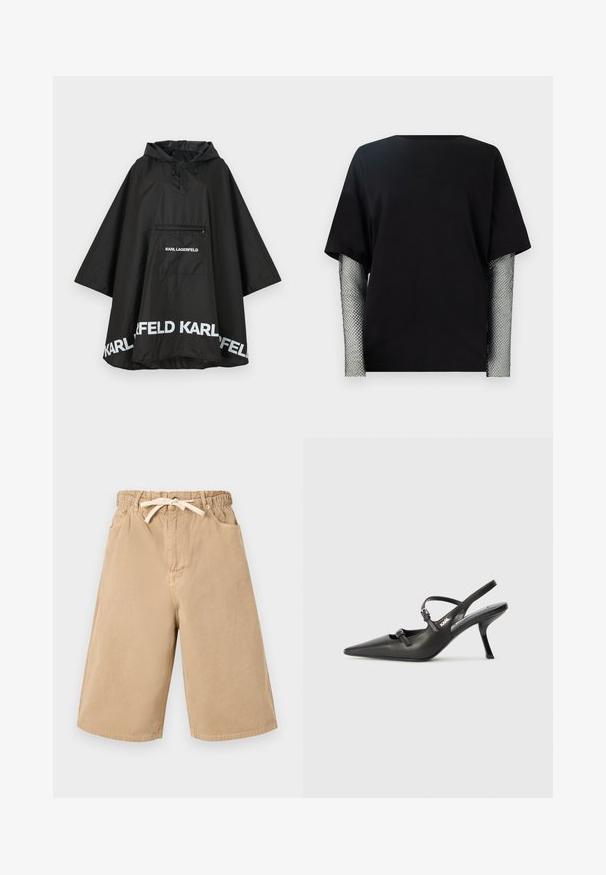 Poncho negru, impermeabil, cu glugă, având o buzunar frontal și detalii cu logo alb pe margine. Material ușor și neted.; Tricou scurt, negru, cu mâneci scurte și guler rotund, cu mâneci din plasă metalică cu un model în diamant. Corp din bumbac neted, cu o croială lejeră.; Șorturi bej din bumbac cu talie elastică, șnur de ajustare și două buzunare laterale. Au un croi lejer, relaxat și picioare drepte.; Pantofi cu toc slingback din piele neagră, cu vârful ascuțit, toc subțire și detaliu decorativ cu cataramă pe partea din față. Textură netedă și design elegant.