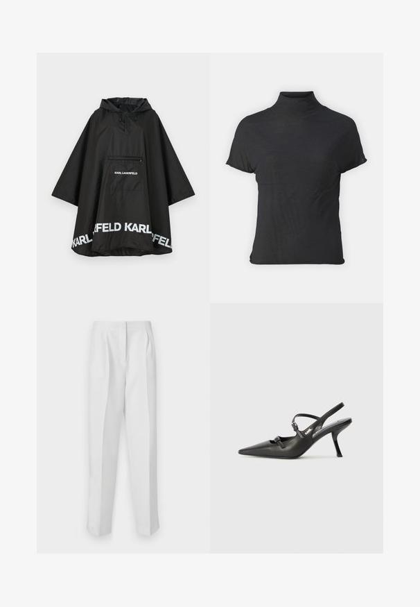 Poncho nero impermeabile con cappuccio, dotato di una tasca frontale e dettagli in logo bianco lungo l'orlo. Materiale liscio e leggero.; Top nero a maniche corte e colletto alto, realizzato in tessuto leggero con una superficie liscia e dalla forma aderente, caratterizzato da un collo alto.; Pantaloni bianchi su misura con una vestibilità dritta, dotati di pieghe frontali, due tasche laterali e una cintura pulita per un look curato.; Scarpe slingback nere in pelle con punta affilata, tacco sottile e dettaglio decorativo a fibbia sulla tomaia. Texture liscia e design elegante.