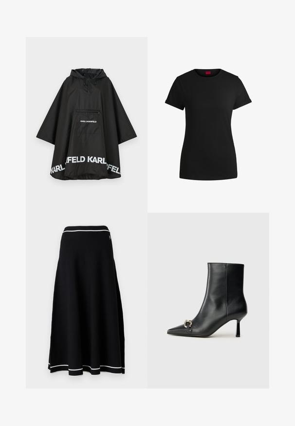 Juodas vandeniui atsparus pončas su kapišonu, turintis priekinę kišenę ir baltus logotipus palei apvadu. Lygus, lengvas audinys.; Juodas medvilninis marškinėlis su trumpomis sukamuojamomis rankovėmis, apvaliu iškirpimu ir raudona etikete. Lygus audinys, prigludusi forma su minimaliais papuošimais.; Juoda mezginė sijonas su išplėsta siluetu, turintis baltą raukinį juosmens dalyje ir baltas akcento juosteles prie apatinio krašto. Lygus paviršius.; Juodas odinis apavas iki kulkšnies su smailiu nosiu, plonu vidutinio aukščio kulnu ir sidabriniu sagties akcentu šone, prieš paprastą foną.