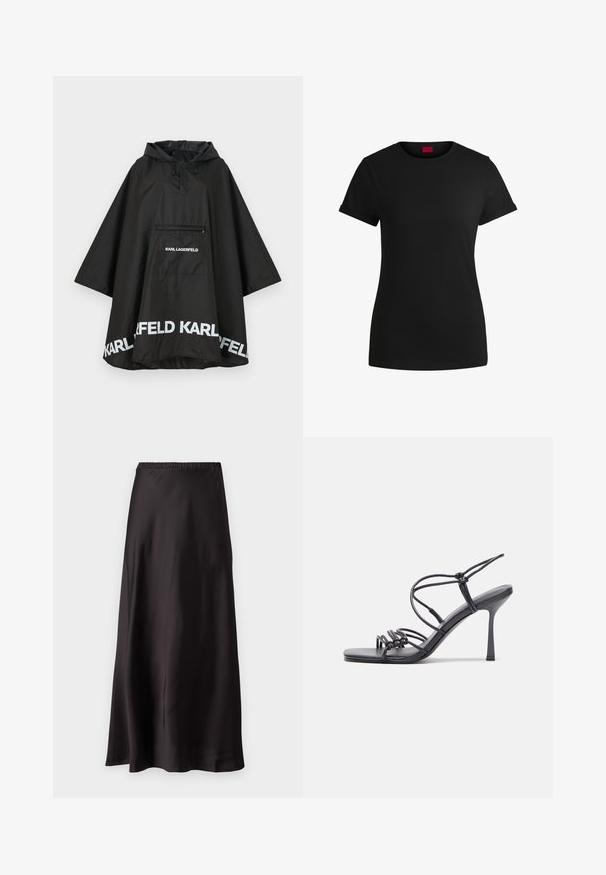 Čierny nepremokavý plášť s kapucňou, vybavený prednou vreckom a bielym logom pozdĺž lemu. Hladký, ľahký materiál.; Čierne bavlnené tričko s krátkymi rolovanými rukávmi, okrúhlym výstrihom a červenou nášivkou. Hladká textúra, priliehavý strih s minimálnymi detailmi.; Čierna saténová maxi sukňa s elastickým pásom, hladkou textúrou a voľným dizajnom, ktorý siahne na zem bez ďalších ozdôb.; Čierne sandále na vysokom podpätku majú tenké remienky s uzlovým dizajnom, hladký štvorcový špičku a elegantný stiletto podpätok.