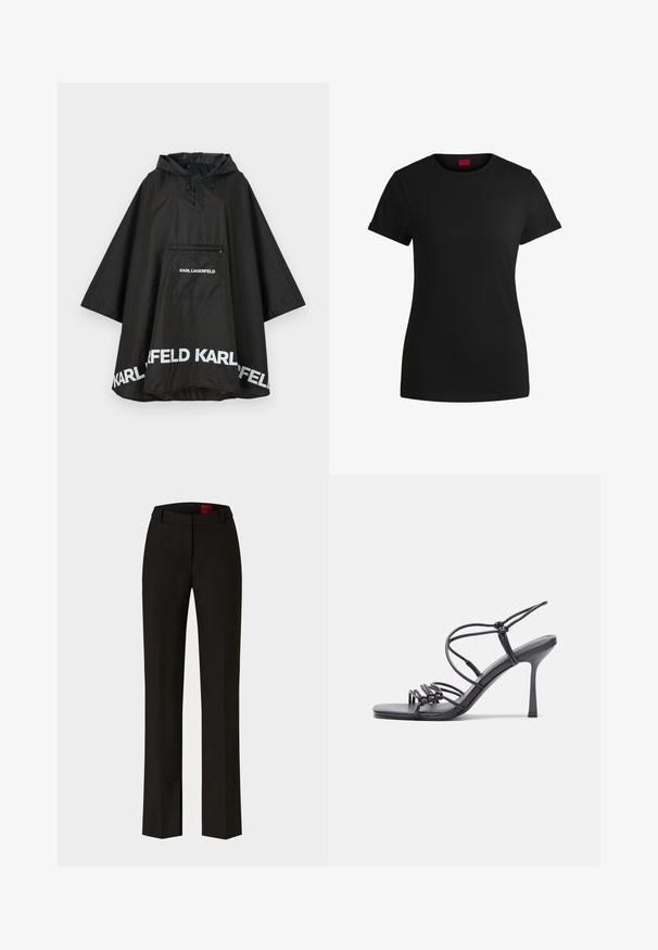 Melnā ūdensizturīgā pončo ar kapuci, ar priekšējo kabatu un baltu logo detalizāciju ap apakšmali. Gluda, viegla materiāla.; Melnas kokvilnas t-krekls ar īsām rullējošām piedurknēm, apaļu kakla izgriezumu un sarkanu etiķeti. Gluda tekstūra, pieguļošs siluets ar minimālu dizainu.; Melni pielāgoti bikses ar taisnu kāju un jostu cilpām, ar mazu krokas detalizāciju priekšā un redzamu etiķeti iekšējā jostasvietā.; Melnas augstpapēžu sandales ar plāniem siksniņām un mezgla dizainu, gluda kvadrātveida purngalu un elegantu stiletto papēdi.