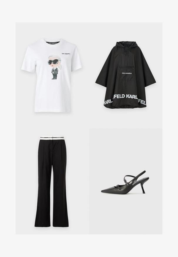 Must mustes ponšo koos kapuutsi ja esikotiga, millel on valge logo detailid äärisel. Sile ja kerge materjal.; Valge puuvillane T-särk, millel on graafiline illustratsioon tegelasest mustade päikeseprillide ja ülikonnaga. Etiketil on tekst "KARL LAGERFELD."; Mustad püksid, millel on mugav lõige, valge elastse vöökohtaga, millel on kaubamärgi logo. Valmistatud siledast kangast, millel on kerge läige.; Must musta slingback kontsad, terava nina, peenike konts ja dekoratiivne pandla detail peal. Sile tekstuur ja stiilne disain.