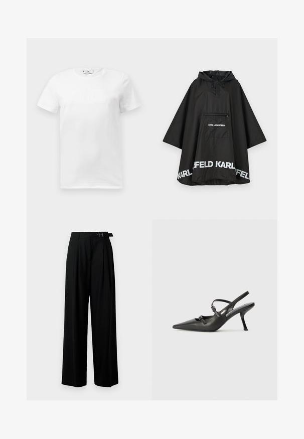 Sort vandtæt poncho med hætte, der har en frontlomme og hvidt logo-detalje langs kanten. Glat, letvægtsmateriale.; Hvid bomulds t-shirt med rund halsudskæring. Har et diskret præget grafisk design på forsiden. Korte ærmer og lige kant.; Sort vide-bein bukser med høj talje, læg foran og et bælte med spænde. Fremstillet af glat, let materiale.; Sorte læder slingback hæle med spids tå, slank hæl og dekorativ spænde detalje på vampen. Glat tekstur og strømlinet design.