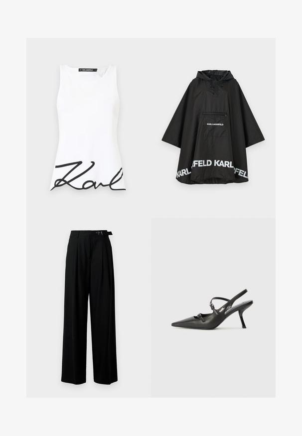 Fekete vízálló poncsó kapucnival, elülső zsebbel és fehér logó részletekkel az alján. Simább, könnyű anyag.; Fehér ujjatlan felső kerek nyakkivágással, amelyen egy kiemelkedő fekete, írott "Karl" logó található az alsó elején. Sima szövetúj texture.; Fekete, bő szárú nadrág magas derékkal, elöl pliszírozva, és csattal ellátott övvel. Simább, könnyű anyagból készült.; Fekete bőrszíjjal ellátott magassarkú cipő, hegyes orral, karcsú sarkával és díszes csattal a vamp részén. Simás textúra és elegáns dizájn.