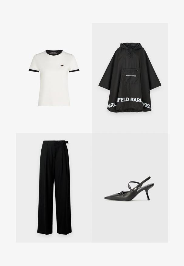 Zwarte waterdichte poncho met capuchon, voorzien van een voorzak en witte logodetails langs de zoom. Gladde, lichte stof.; Witte katoenen t-shirt met zwart geribbeld hals- en mouwrand. Heeft een klein geborduurd cartoongezicht ontwerp op de linkerborst.; Zwarte wijde broek met hoge taille, plooien aan de voorkant en een riem met een gesp. Gemaakt van glad, lichtgewicht stof.; Zwarte leren slingback hakken met een spitse neus, slanke hak en decoratieve gespdetails op de bovenkant. Gladde textuur en een strakke uitstraling.