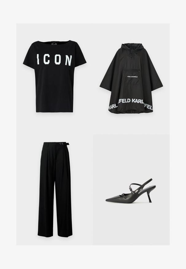 Sort vandtæt poncho med hætte, der har en frontlomme og hvidt logo-detalje langs kanten. Glat, letvægtsmateriale.; Sort bomulds T-shirt med bred halsudskæring og korte ærmer. Fed hvid "ICON" skrift på forsiden. Ensfarvet bagside. Blød tekstur.; Sort vide-bein bukser med høj talje, læg foran og et bælte med spænde. Fremstillet af glat, let materiale.; Sorte læder slingback hæle med spids tå, slank hæl og dekorativ spænde detalje på vampen. Glat tekstur og strømlinet design.