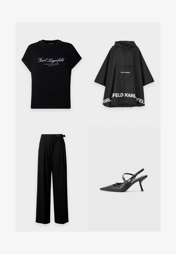 Čierny nepremokavý plášť s kapucňou, vybavený prednou vreckom a bielym logom pozdĺž lemu. Hladký, ľahký materiál.; Čierne oversized tričko vyrobené z bavlny. Má krátke rukávy a okrúhly výstrih. Na prednej strane je biely nápis: "Karl Lagerfeld 21 RUE ST-GUILLAUME PARIS."; Čierne široké nohavice s vysokým pásom, skladmi vpredu a opaskom s prackou. Vyrobené z hladkej, ľahkej textílie.; Čierne kožené slingback topánky na vysokom podpätku s ostrou špicou, štíhlym podpätkom a dekoratívnym detailom s prackou na priehlavku. Hladká textúra a elegantný dizajn.