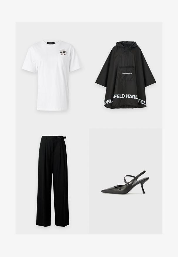 Musta vedenpitävä poncho hupulla, jossa on etutasku ja valkoista logoa helmassa. Sujuva, kevyt materiaali.; Valkoinen puuvillatee-paita, jossa on musta graafinen kuva aurinkolaseja käyttävästä hahmosta vasemmassa rintataskualueessa. Lyhyet hihat ja rento malli.; Mustat leveät housut korkealla vyötäröllä, etuosassa laskokset ja soljellinen vyö. Valmistettu sileästä ja kevyestä kankaasta.; Mustat nahkaiset slingback-korkokengät, joissa on terävä kärki, hoikka korko ja koristeellinen solkityyny varpailla. Tasainen pinta ja tyylikäs muotoilu.