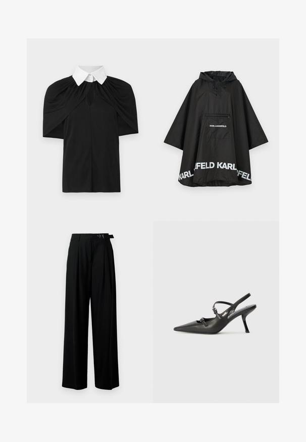 Čierny nepremokavý plášť s kapucňou, vybavený prednou vreckom a bielym logom pozdĺž lemu. Hladký, ľahký materiál.; Čierna košeľa s bielym golierom, s drapovaným dizajnom, krátkymi rukávmi a výrezom v tvare kľúča na prednej strane. Hladká textúra, voľný strih.; Čierne široké nohavice s vysokým pásom, skladmi vpredu a opaskom s prackou. Vyrobené z hladkej, ľahkej textílie.; Čierne kožené slingback topánky na vysokom podpätku s ostrou špicou, štíhlym podpätkom a dekoratívnym detailom s prackou na priehlavku. Hladká textúra a elegantný dizajn.