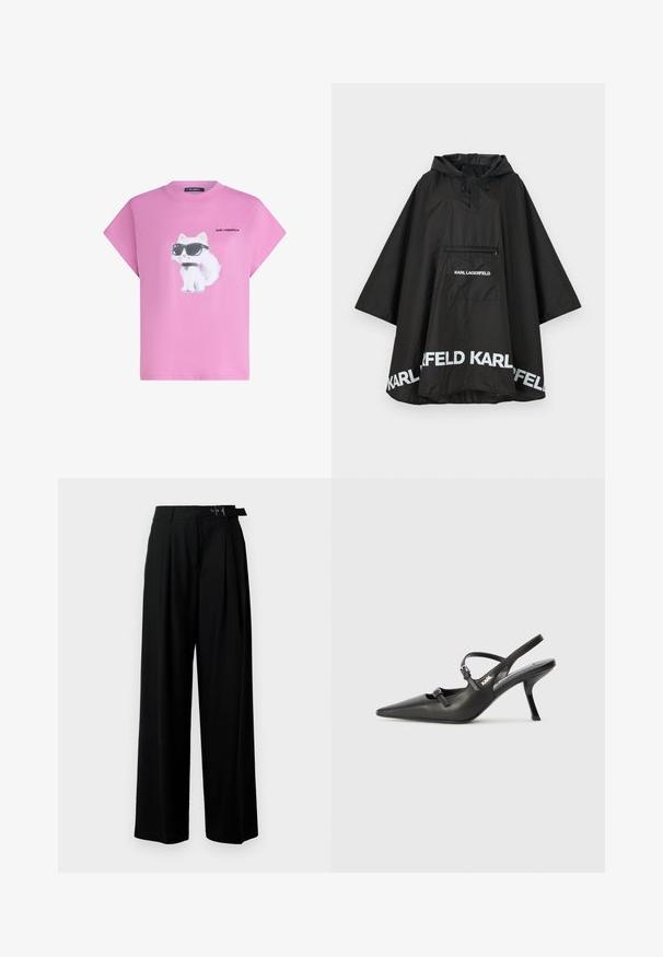 Crni vodootporni pončo s kapuljačom, s prednjim džepom i detaljima bijelih logotipa duž rubova. Glatki, lagani materijal.; Ružičasta majica s bijelim mačkom koja nosi crne sunčane naočale i kragnu, s natpisom "Karl Lagerfeld" otisnutim pored mačke na prednjoj strani.; Crne široke hlače s visokim strukom, nabranima sprijeda i remenom s kopčom. Izrađene od glatkog, laganog materijala.; Crne kožne štikle sa otvorenom petom, s uskim vrhom i dekorativnom kopčom na gornjem dijelu. Glatka tekstura i elegantan dizajn.