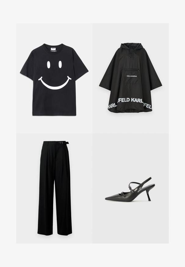 Black waterproof poncho with a hood, featuring a front pocket and white logo detailing along the hem. Smooth, lightweight material.; Black short-sleeve t-shirt made from cotton featuring a large white smiley face graphic on the front. Classic crew neckline.; Black wide-leg trousers with a high waist, pleats at the front, and a belt featuring a buckle. Made from smooth, lightweight fabric.; Black leather slingback heels with a pointed toe, slender heel, and decorative buckle detail on the vamp. Smooth texture and sleek design.