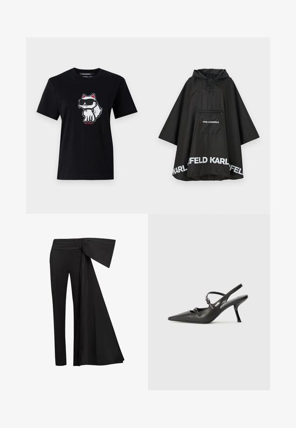 Černý voděodolný pončoš s kapucí, obsahující přední kapsu a bílé logo na lemu. Hladký, lehký materiál.; Černé bavlněné tričko s krátkým rukávem a kulatým výstřihem, na kterém je uprostřed přední strany vyobrazena karikatura lišky v brýlích, obrysována bílou barvou s červenými akcenty.; Černé kalhoty s širokým, splývavým páskem v oblasti pasu. Hladká látka, rovný střih nohavic a plisovaný pas.; Černé kožené lodičky na boku s špičatou špičkou, štíhlým podpatkem a dekorativní přezkou na nártu. Hladká textura a elegantní design.