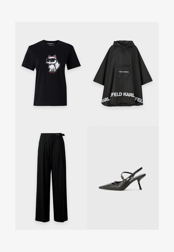 Poncho negru, impermeabil, cu glugă, având o buzunar frontal și detalii cu logo alb pe margine. Material ușor și neted.; Tricou din bumbac negru, cu un desen cartoon de vulpe purtând ochelari de soare, conturată în alb cu accente roșii, centrat în față. Mâneci scurte și gât rotund.; Pantaloni negri cu croi larg, talie înaltă, pliuri în față și un b μέρος cu cataramă. Confecționați dintr-un material neted și ușor.; Pantofi cu toc slingback din piele neagră, cu vârful ascuțit, toc subțire și detaliu decorativ cu cataramă pe partea din față. Textură netedă și design elegant.