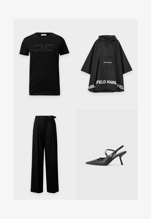 Svart vanntett poncho med hette, med en frontlomme og hvit logo detaljering langs kanten. Glatt, lett materiale.; Svart bomull t-skjorte med kort erm og rund hals, med et tonalt logodesign på brystet. Glatt tekstur og klassisk passform.; Svarte vide bukser med høy livlinje, folder foran og belte med spenne. Laget av glatt, lett materiale.; Sorte skinn slingback-hæler med spiss tå, slank hæl og dekorativ spenne detalj på vampsiden. Glatt tekstur og stilrent design.