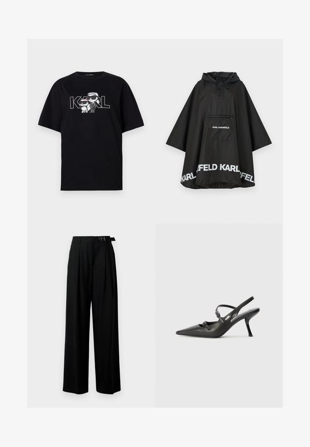 Black waterproof poncho with a hood, featuring a front pocket and white logo detailing along the hem. Smooth, lightweight material.; Black cotton t-shirt featuring a graphic print of two cartoon figures with sunglasses, accompanied by the text "KARL" in bold letters.; Black wide-leg trousers with a high waist, pleats at the front, and a belt featuring a buckle. Made from smooth, lightweight fabric.; Black leather slingback heels with a pointed toe, slender heel, and decorative buckle detail on the vamp. Smooth texture and sleek design.