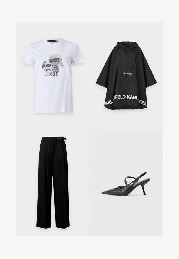 Črn vodoodporen pončo s kapuco, ki ima sprednji žep in bele logotipske detajle ob robu. Gladek, lahek material.; Bela bombažna majica z grafičnim dizajnom, ki prikazuje lik in mačka z očali, okrašena s črnimi in sivo odtenki.; Črne široke hlače z visokim pasom, gubami spredaj in pasom z zaponko. Narejene so iz gladkega, lahkega materiala.; Črne usnjene sandale na peto s koničastim nosom, vitko peto in okrasno zaponko na sprednjem delu. Gladka tekstura in eleganten dizajn.
