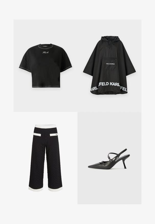 Svart vanntett poncho med hette, med en frontlomme og hvit logo detaljering langs kanten. Glatt, lett materiale.; Svart cropped t-skjorte laget av mykt stoff. Har rund hals, overdimensjonerte korte ermer og hvit kontrastsøm. Logo brodert på forsiden.; Sorte, kort bukser med et teksturert, vevd mønster. Har hvite aksentstriper ved livet og kanten, samt to baklommer.; Sorte skinn slingback-hæler med spiss tå, slank hæl og dekorativ spenne detalj på vampsiden. Glatt tekstur og stilrent design.