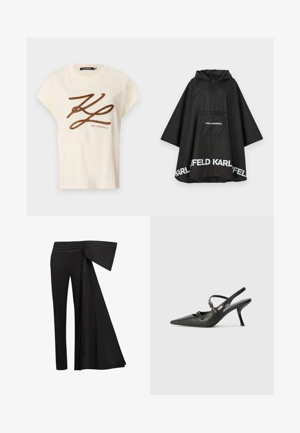 Černý voděodolný pončoš s kapucí, obsahující přední kapsu a bílé logo na lemu. Hladký, lehký materiál.; Krémové bavlněné tričko s krátkým rukávem, na přední straně s hnědým vyšitým logem a nápisem.; Černé kalhoty s širokým, splývavým páskem v oblasti pasu. Hladká látka, rovný střih nohavic a plisovaný pas.; Černé kožené lodičky na boku s špičatou špičkou, štíhlým podpatkem a dekorativní přezkou na nártu. Hladká textura a elegantní design.