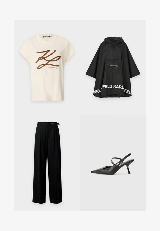 Črn vodoodporen pončo s kapuco, ki ima sprednji žep in bele logotipske detajle ob robu. Gladek, lahek material.; Kremna bombažna majica s kratkimi rokavi, z rjavim izvezenim logotipom in besedilom na sprednji strani.; Črne široke hlače z visokim pasom, gubami spredaj in pasom z zaponko. Narejene so iz gladkega, lahkega materiala.; Črne usnjene sandale na peto s koničastim nosom, vitko peto in okrasno zaponko na sprednjem delu. Gladka tekstura in eleganten dizajn.
